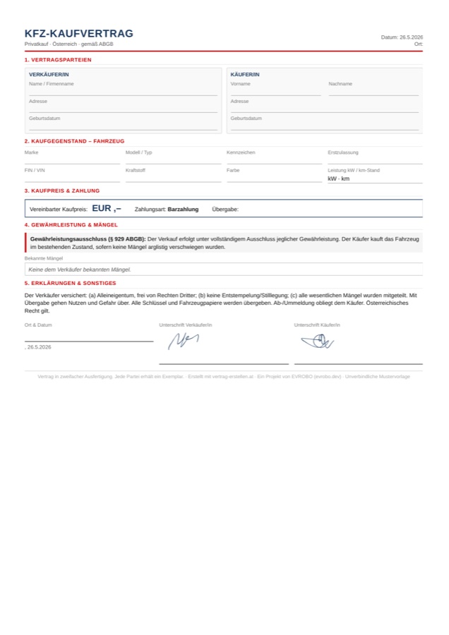 Fertiger KFZ-Kaufvertrag als PDF